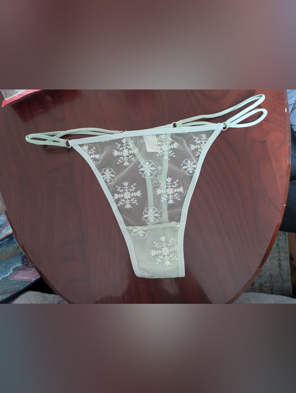 Brand New Knotty Knickers Sheer Floral Lace Thong Panty - Mint